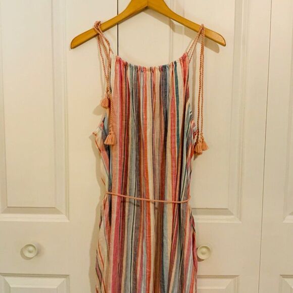Time and Tru Women's Coral Stripe Tie Shoulder Linen Blend Maxi Dress XL New - Picture 9 of 13